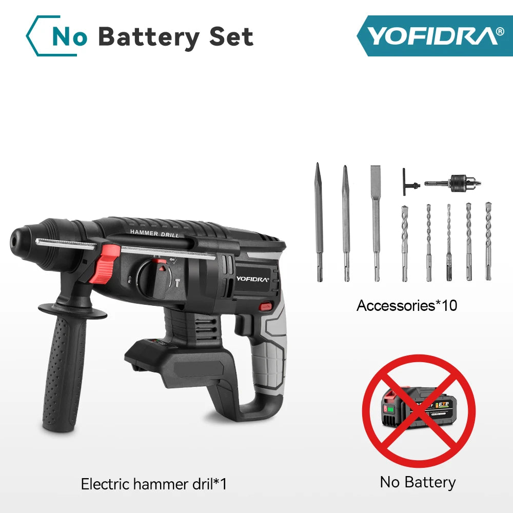 YOFIDRA 1680W Martello elettrico senza spazzole Cordless Multi-funzione Trapano a percussione Utensile rotante per batteria 21V 18V