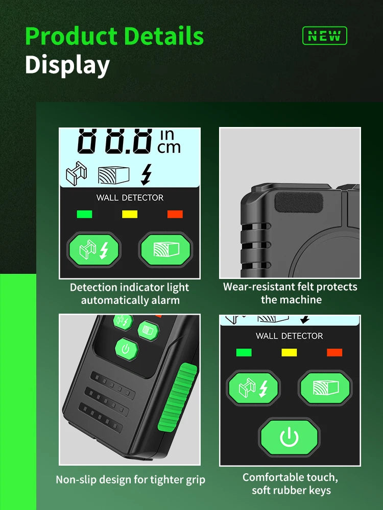 R&D Nuovo cercatore perni Scanner da parete Fili per cavi Localizzatore di profondità Metal Detector da parete Retroilluminato elettronico Cercatore di legno AC nero
