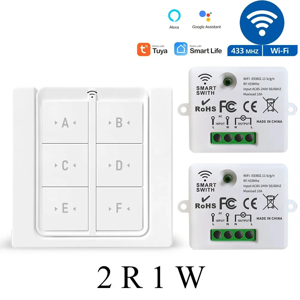 Tuya WiFi RF Smart Light Switch 433 MHz 6 Gang Interruttore da pannello a parete wireless, ricevitore temporizzato 110 V 220 V Funziona con Goole Home/Alexa