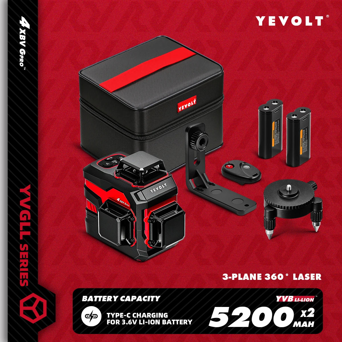 YEVOLT YVGLL4XS12 Livello laser Raggio verde a 12 linee Precisione ±0,2 mm/m, resistenza alla polvere/acqua IP54, livellamento automatico e modalità pendenza