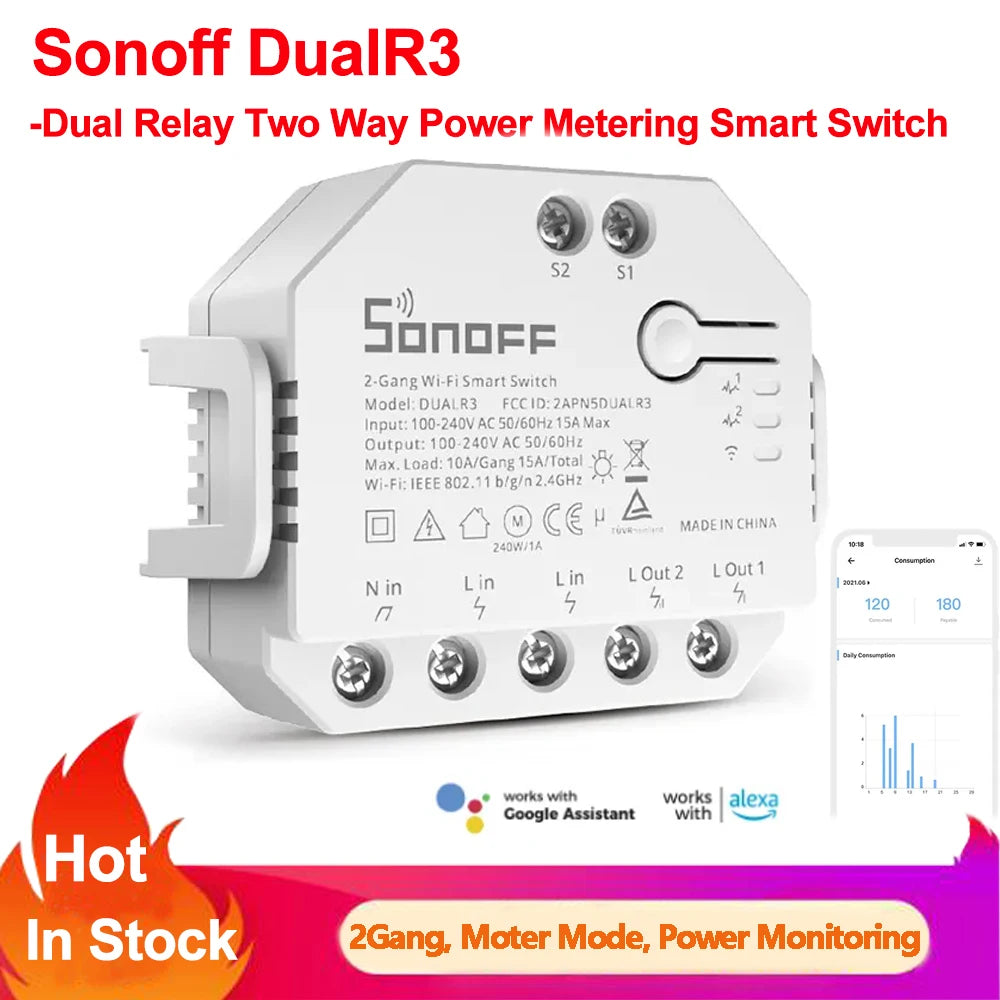 Sonoff Dual R3 Dual Relay Wifi Smart Switch Controllo bidirezionale Misurazione della potenza Tende a rullo Motore Tende elettriche Tende Interruttore