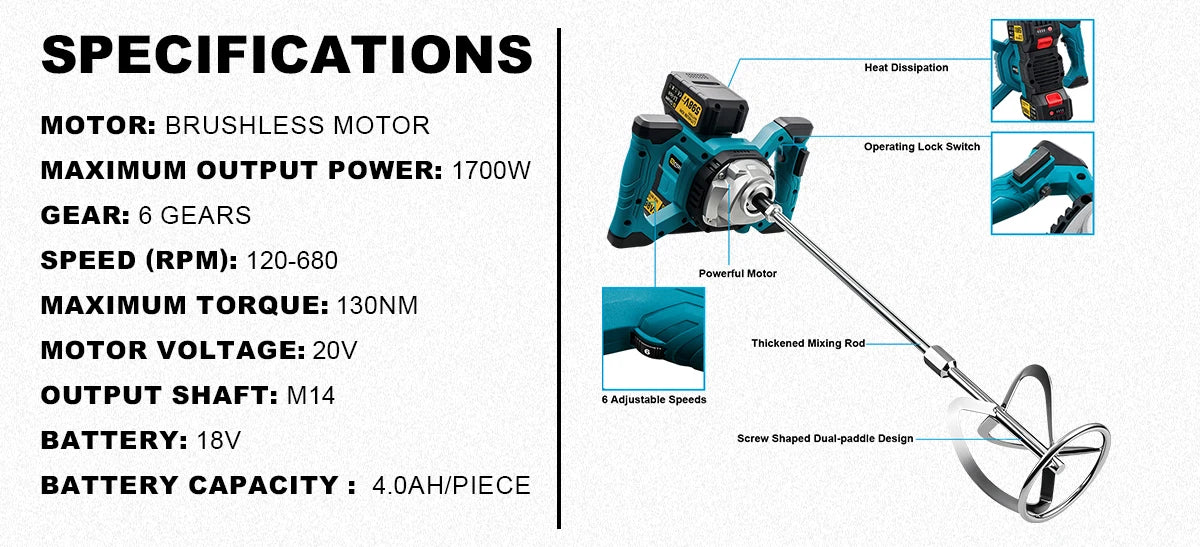 Gisha 6Gears Cordless Elettrico Betoniera Brushless Malta di Cemento Gesso Mixer Frullatore Miscelatore Vernice Per makita 18v batteria pin