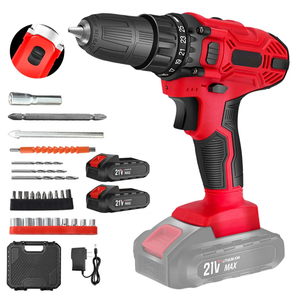 Trapano elettrico 21V 200Nm a batteria, kit trapano combinato a 2 batterie, 25+1 coppia Cacciavite elettrico con mandrino da 3/8" per legno e metallo