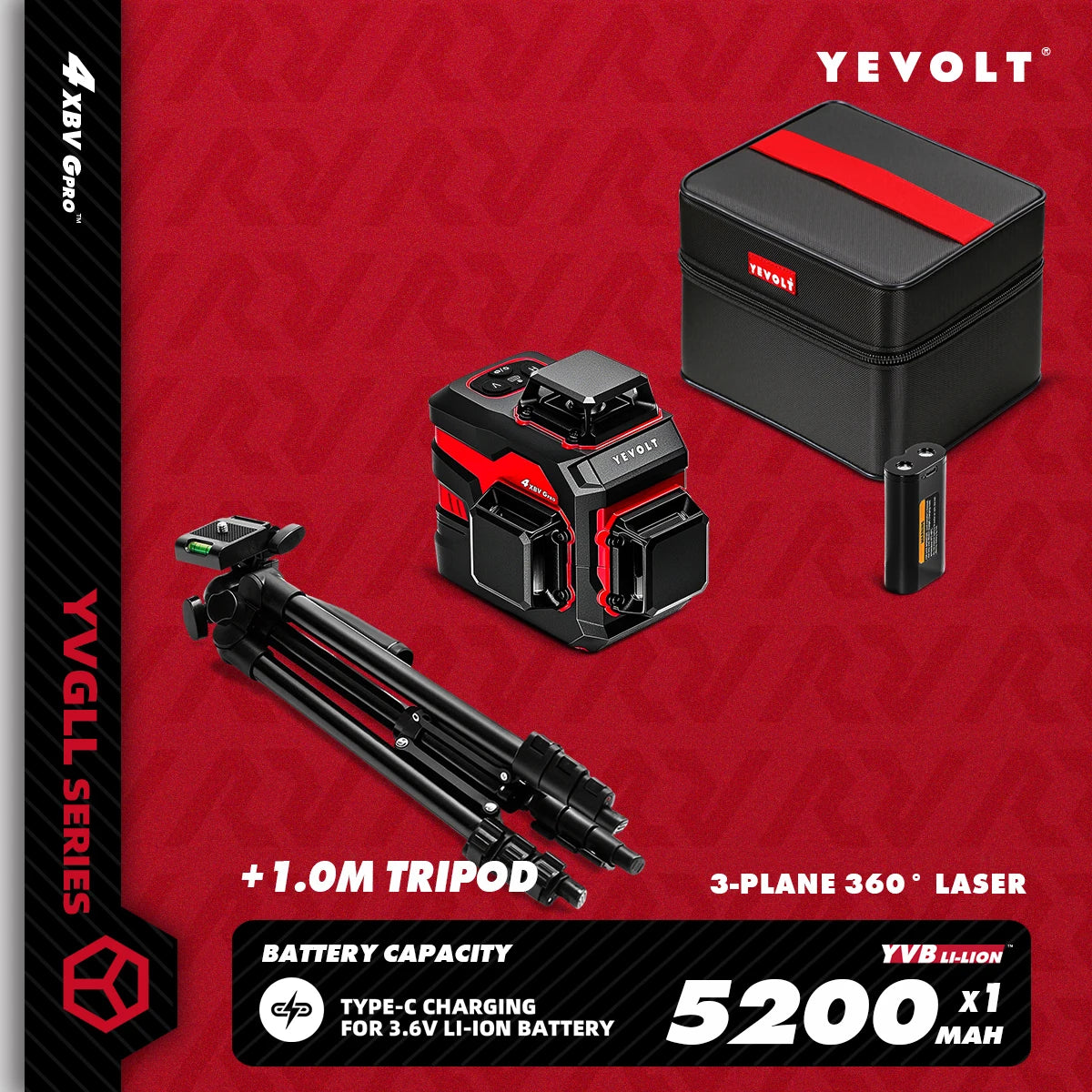 YEVOLT YVGLL4XS12 Livello laser Raggio verde a 12 linee Precisione ±0,2 mm/m, resistenza alla polvere/acqua IP54, livellamento automatico e modalità pendenza