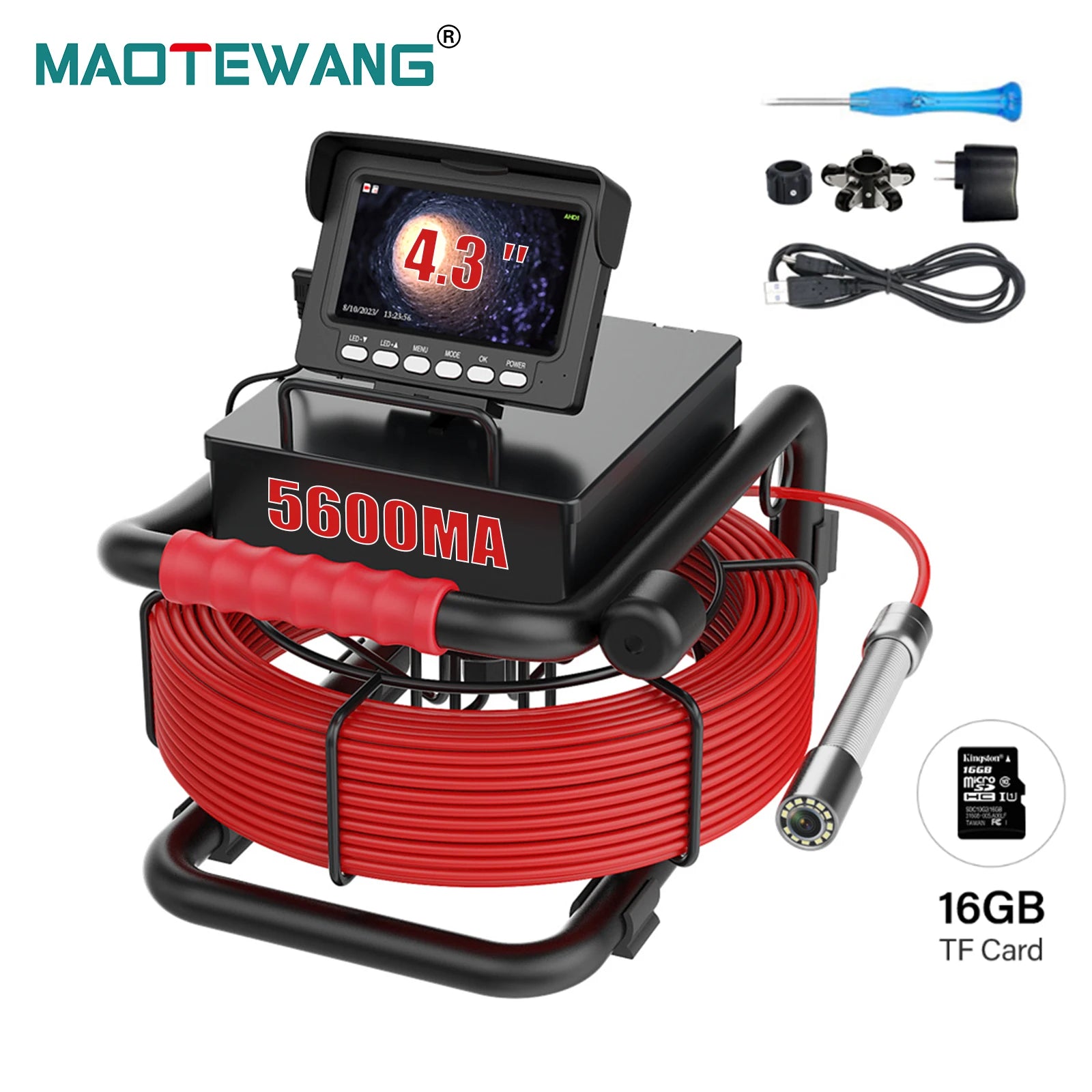 DVR 16GB Card 5600mAh Batteria Telecamera per endoscopio fognario 4.3 "HD Telecamera per condotte di scarico industriale IP68 Telecamera per ispezione tubi fognari