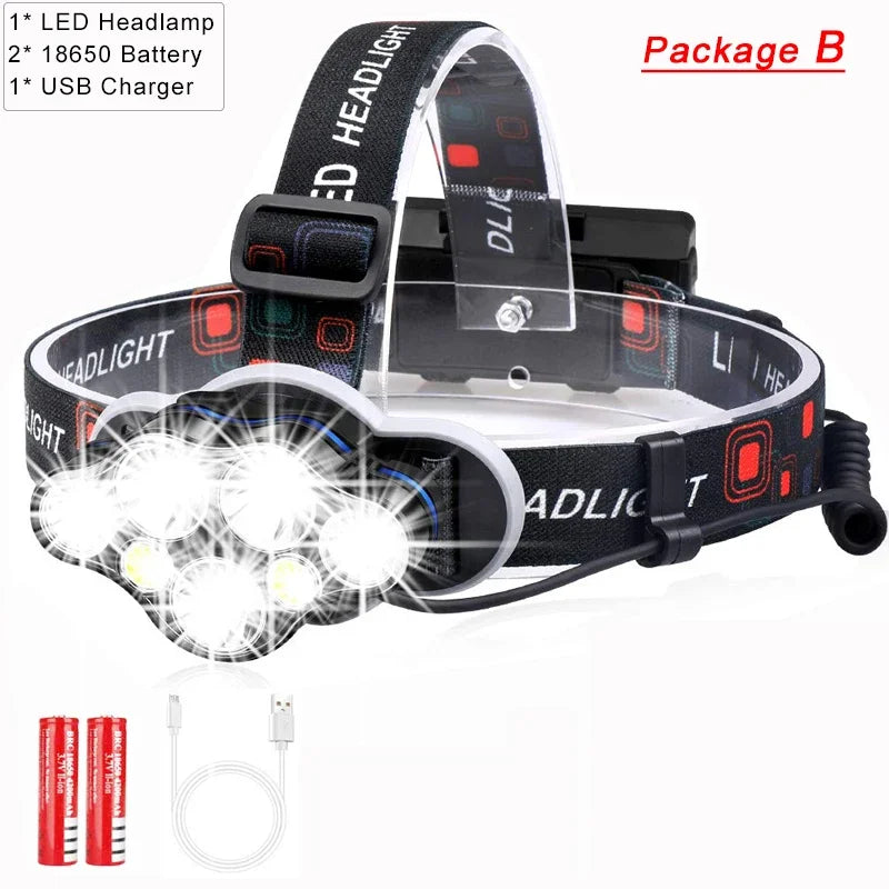 POCKETMAN Lampada frontale 7LED ad alta potenza Lampada frontale ricaricabile USB super luminosa Lampada frontale impermeabile per esterni Torcia frontale