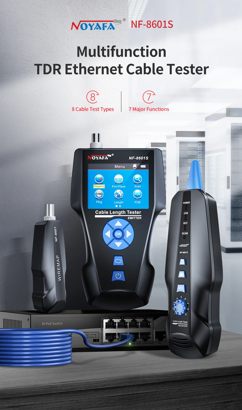 NOYAFA NF-8601S Tester per cavi di rete Localizzatore di cavi anti-interferenza PING Tester RJ45 RJ11 Misuratore di lunghezza Tester Strumenti di rete