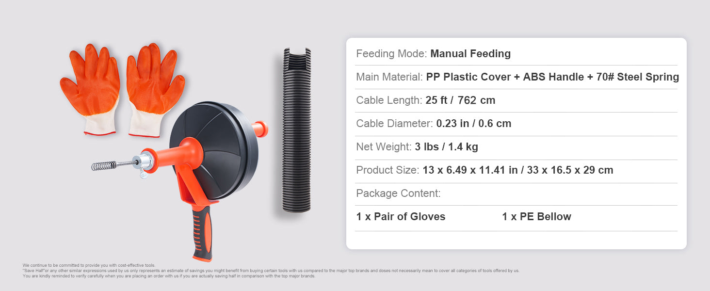 SucceBuy Coclea di scarico 25Ft Serpente idraulico con alimentazione manuale con attacco per trapano Dispositivo di rimozione intasamento di scarico Draga per tubi fognari per WC per la casa
