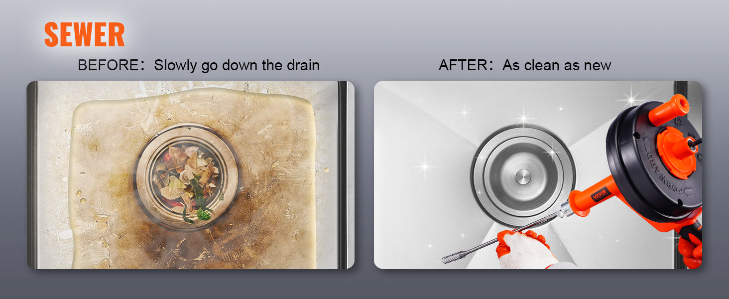 SucceBuy Coclea di scarico 25Ft Serpente idraulico con alimentazione manuale con attacco per trapano Dispositivo di rimozione intasamento di scarico Draga per tubi fognari per WC per la casa