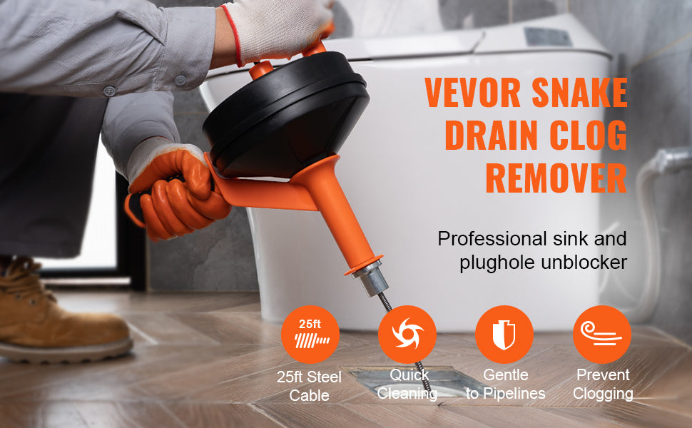 SucceBuy Coclea di scarico 25Ft Serpente idraulico con alimentazione manuale con attacco per trapano Dispositivo di rimozione intasamento di scarico Draga per tubi fognari per WC per la casa