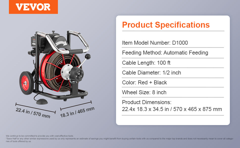 SucceBuy Macchina per la pulizia degli scarichi 100FT Alimentazione automatica Fogna Serpente Coclea con ruote 550W/370W Macchina per la pulizia degli scarichi portatile per tubi