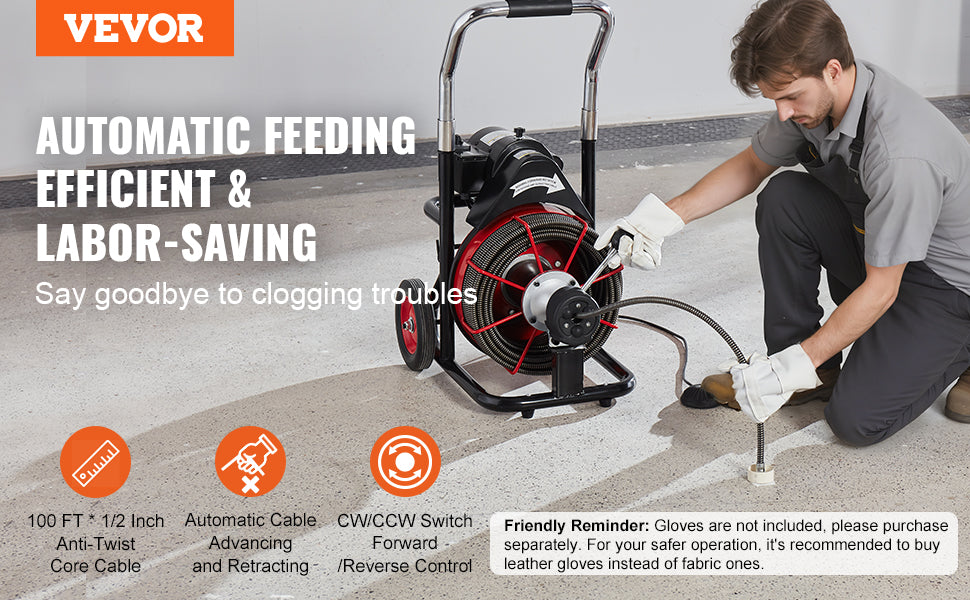 SucceBuy Macchina per la pulizia degli scarichi 100FT Alimentazione automatica Fogna Serpente Coclea con ruote 550W/370W Macchina per la pulizia degli scarichi portatile per tubi