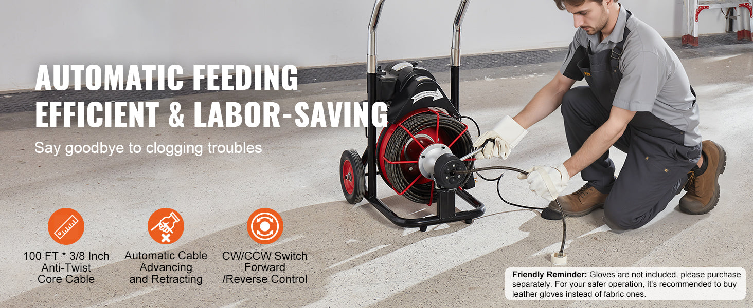SucceBuy Macchina per la pulizia degli scarichi 100FT Alimentazione automatica Fogna Serpente Coclea con ruote 550W/370W Macchina per la pulizia degli scarichi portatile per tubi