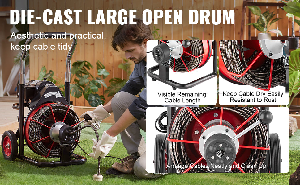 SucceBuy Macchina per la pulizia degli scarichi 100FT Alimentazione automatica Fogna Serpente Coclea con ruote 550W/370W Macchina per la pulizia degli scarichi portatile per tubi