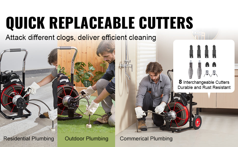 SucceBuy Macchina per la pulizia degli scarichi 100FT Alimentazione automatica Fogna Serpente Coclea con ruote 550W/370W Macchina per la pulizia degli scarichi portatile per tubi