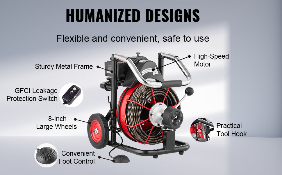 SucceBuy Macchina per la pulizia degli scarichi 100FT Alimentazione automatica Fogna Serpente Coclea con ruote 550W/370W Macchina per la pulizia degli scarichi portatile per tubi