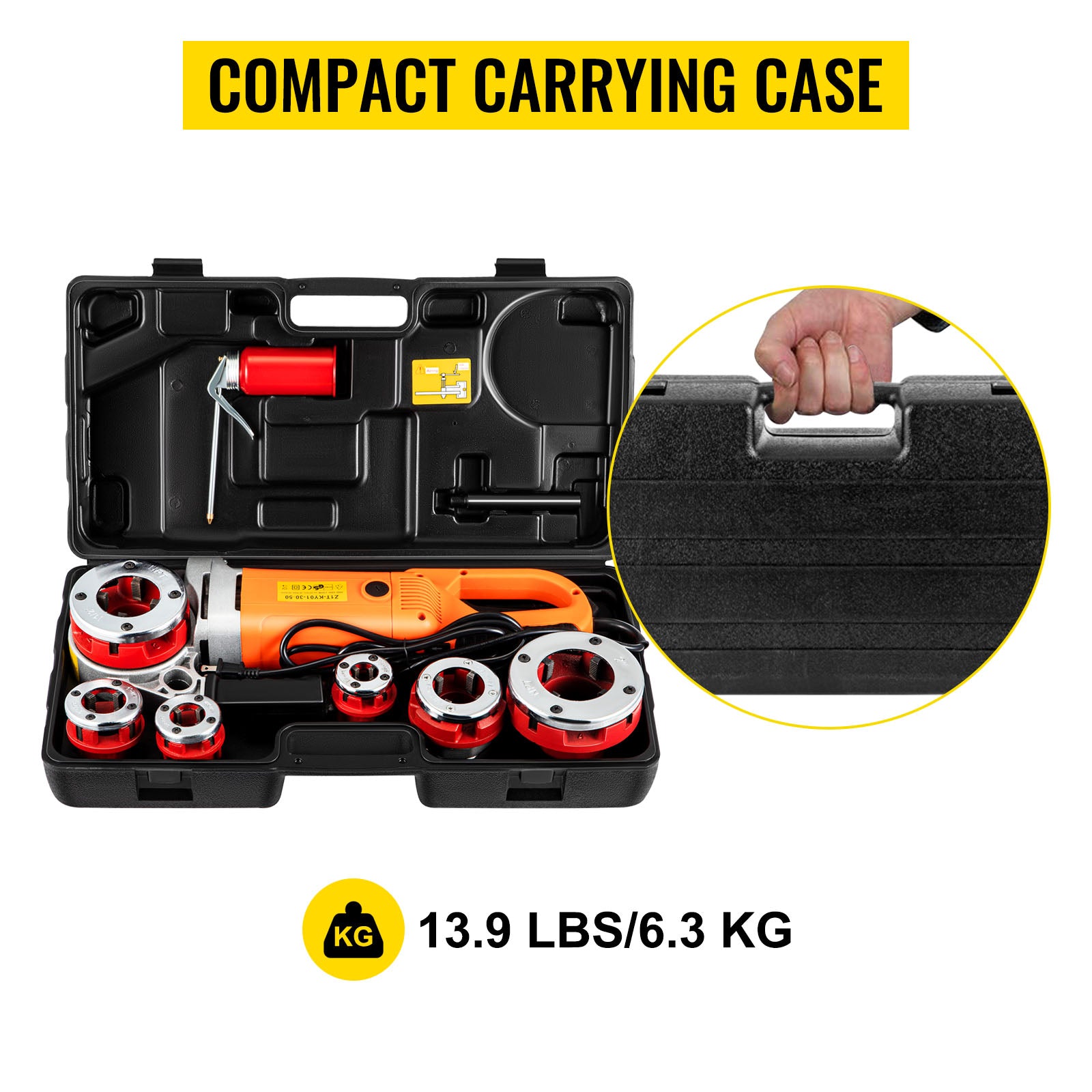 SucceBuy 2300W Infila tubi elettrici Palmare per uso domestico Macchina per manicotti per tubi in ferro zincato Strumento di filettatura industriale con 6 matrici