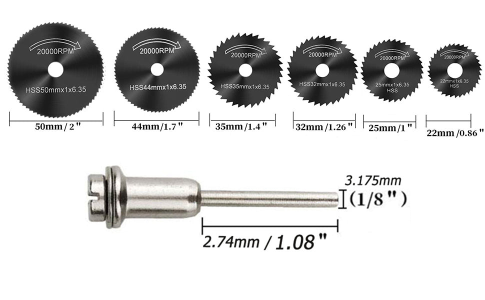 Lame per sega per trapano rotante da 6 pezzi, lame da taglio per ruota a disco per sega in acciaio con mandrino a codolo cilindrico da 1/8 "per utensile rotante per trapani Dremel