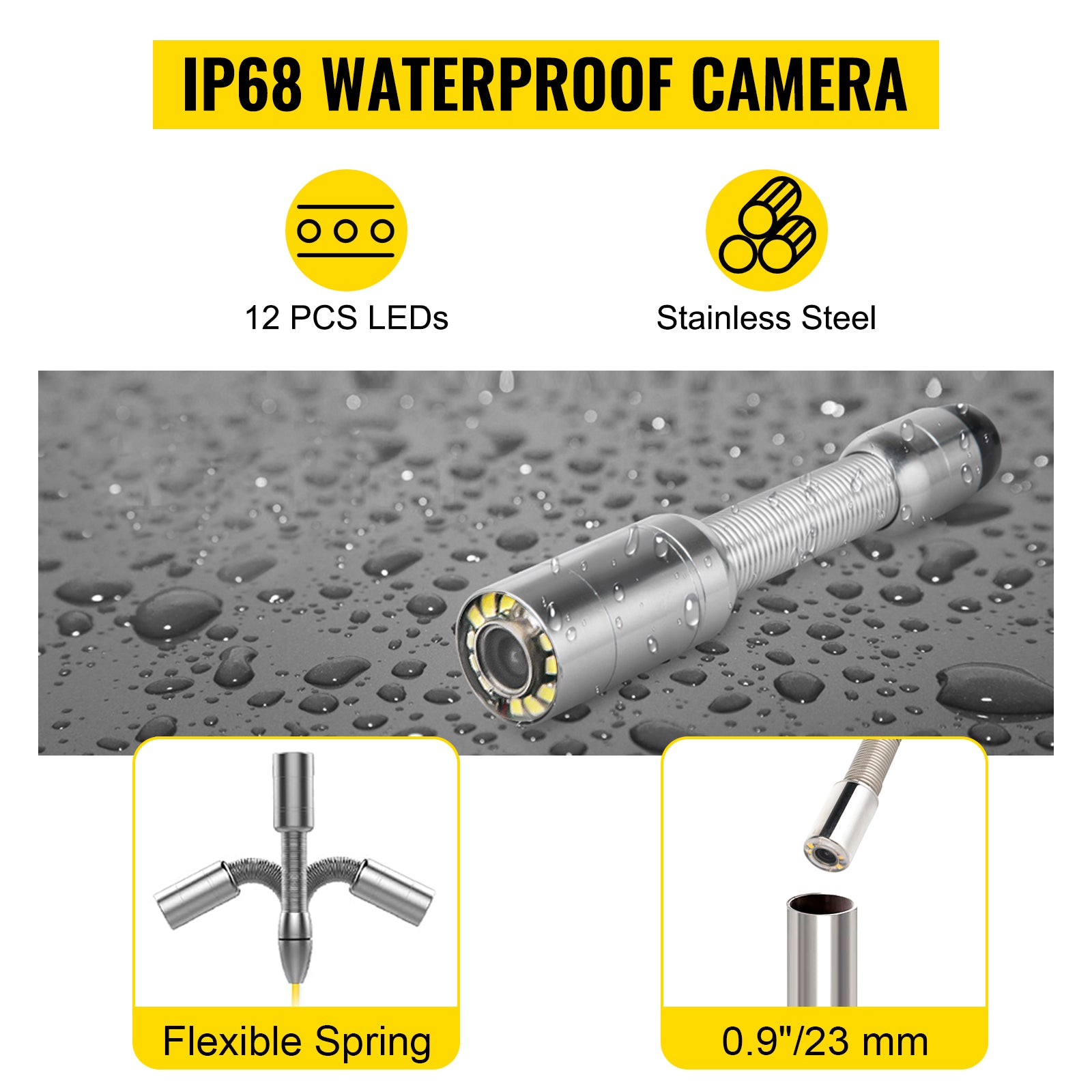 SucceBuy Videocamera per ispezione tubi Funzione di registrazione DVR Monitor da 7/9 pollici 20/30/50M IP68 Endoscopio industriale per condotte fognarie