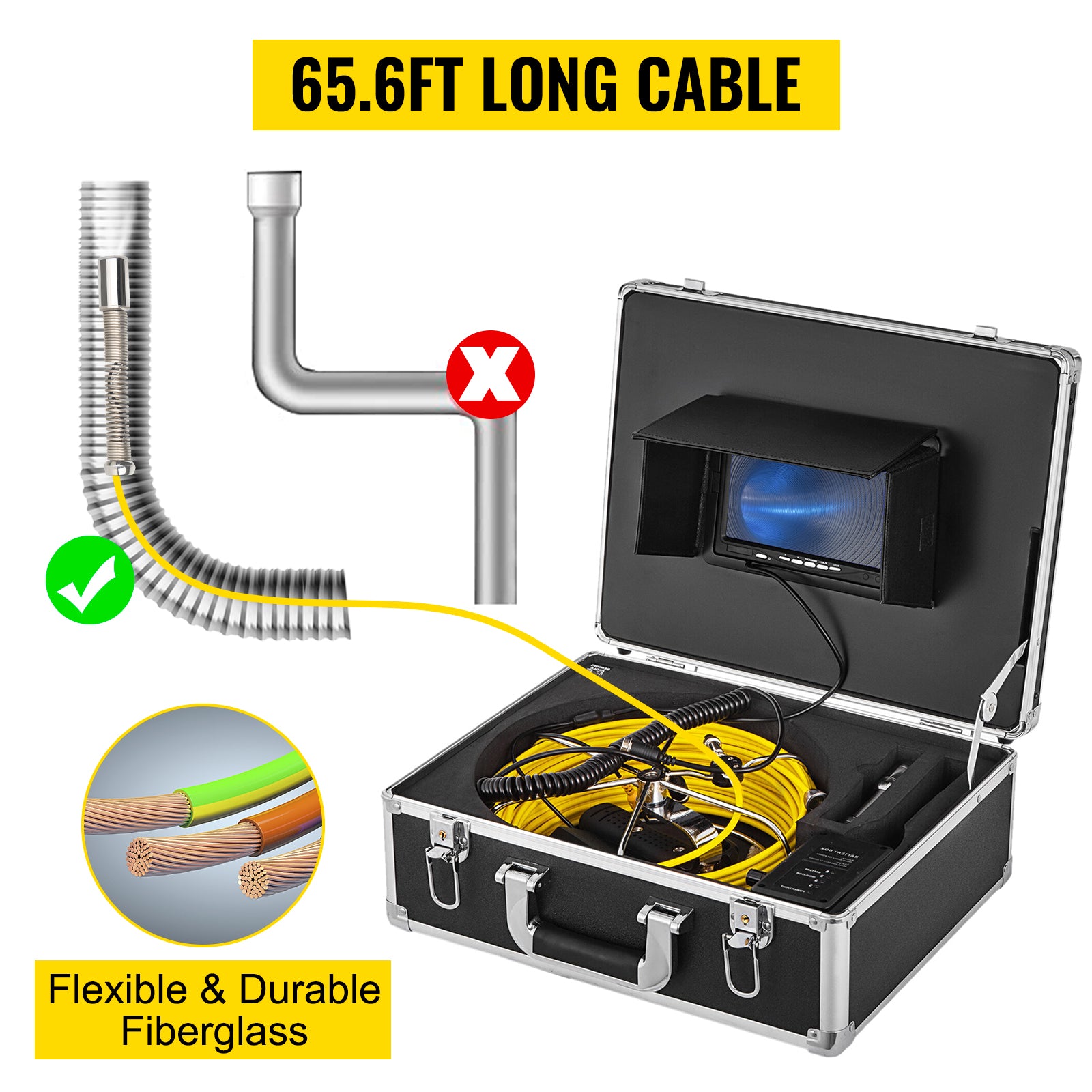 SucceBuy Videocamera per ispezione tubi Funzione di registrazione DVR Monitor da 7/9 pollici 20/30/50M IP68 Endoscopio industriale per condotte fognarie