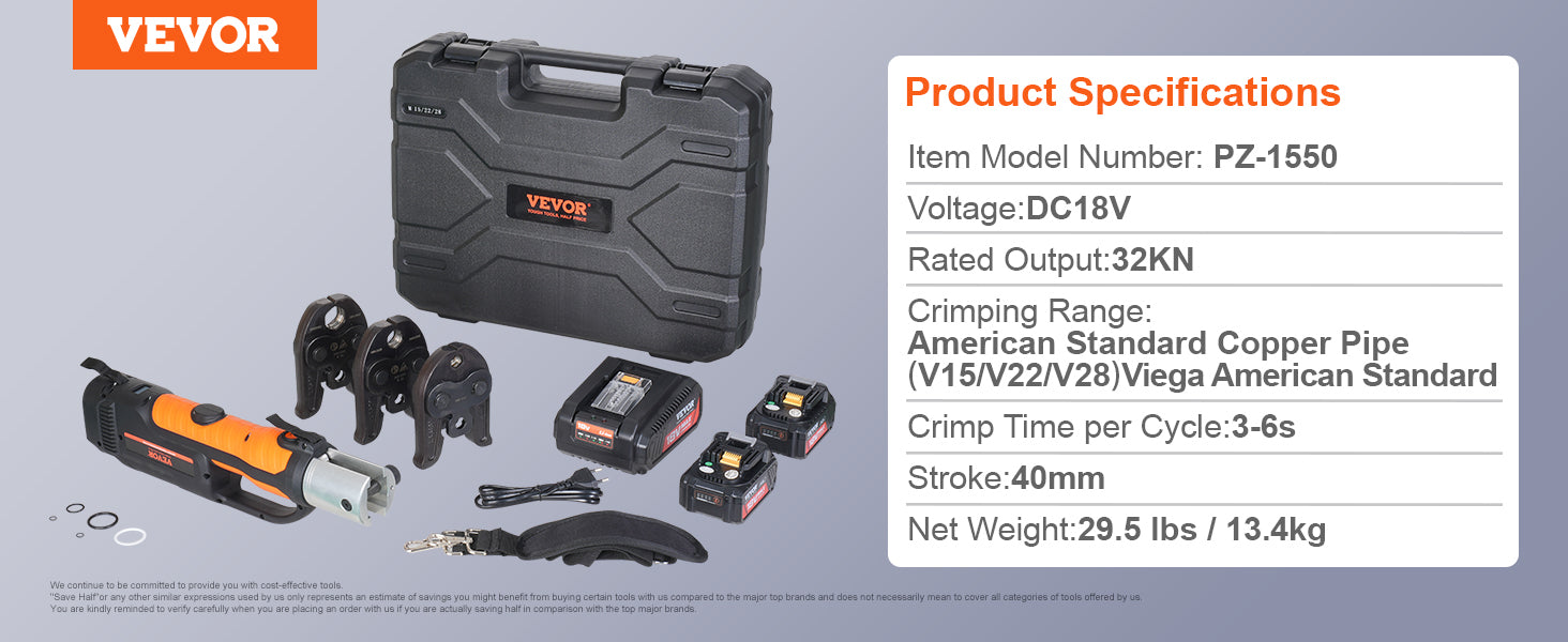 VEVOR Strumenti per crimpare tubi Raccordi per tubi in rame Piegatrice Kit di strumenti per pressatura idraulica V15 V22 V28 ganasce con 2 batterie 20V 4.0Ah