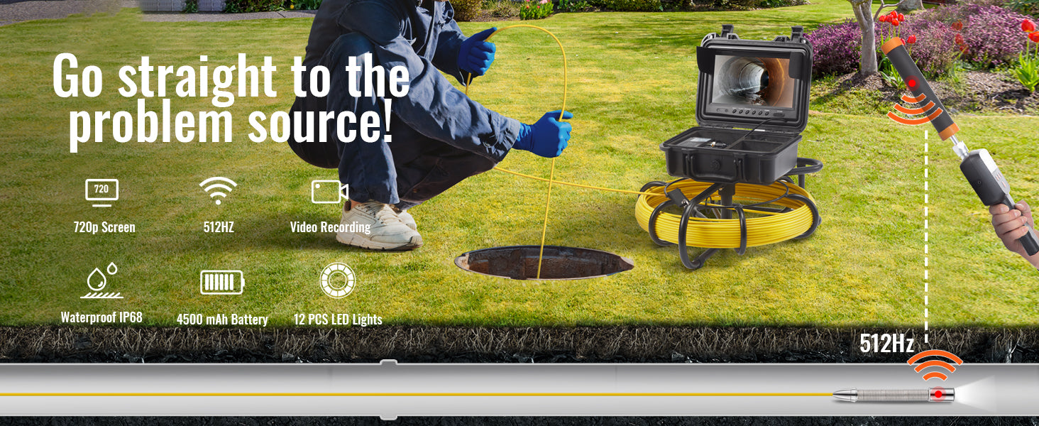 SucceBuy Telecamera per fognature con localizzatore 512 Hz Telecamera per ispezione condutture IP68 da 9" con funzione DVR con 12 LED regolabili e scheda SD da 16 GB