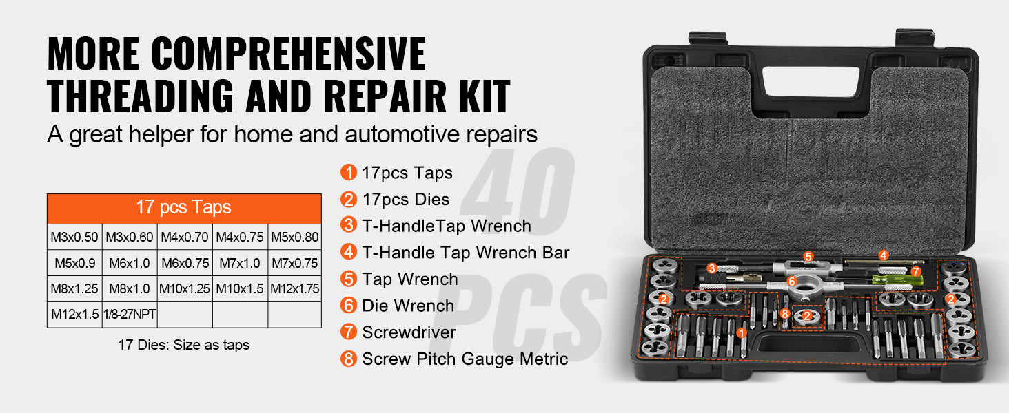 VEVOR Tap and Die Set 40 pz 60 pz 80 pz 110/116 pz metrico o SAE Standard cuscinetto rubinetti e matrici in acciaio strumento essenziale di filettatura