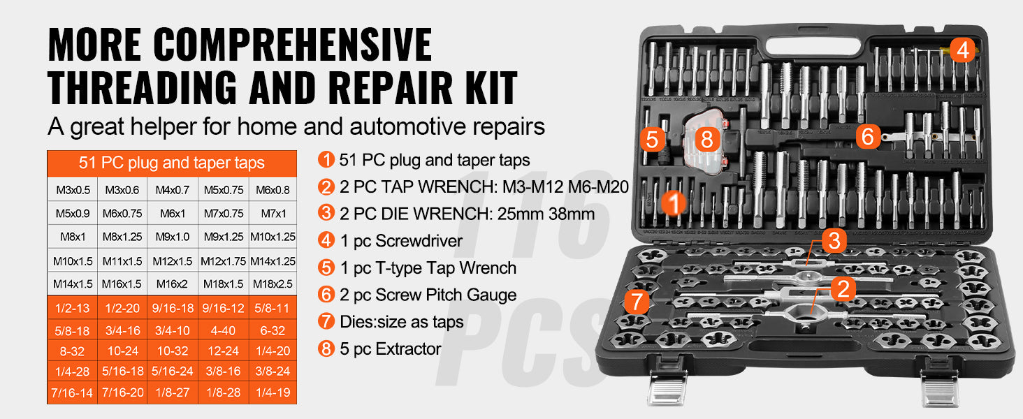 VEVOR Tap and Die Set 40 pz 60 pz 80 pz 110/116 pz metrico o SAE Standard cuscinetto rubinetti e matrici in acciaio strumento essenziale di filettatura