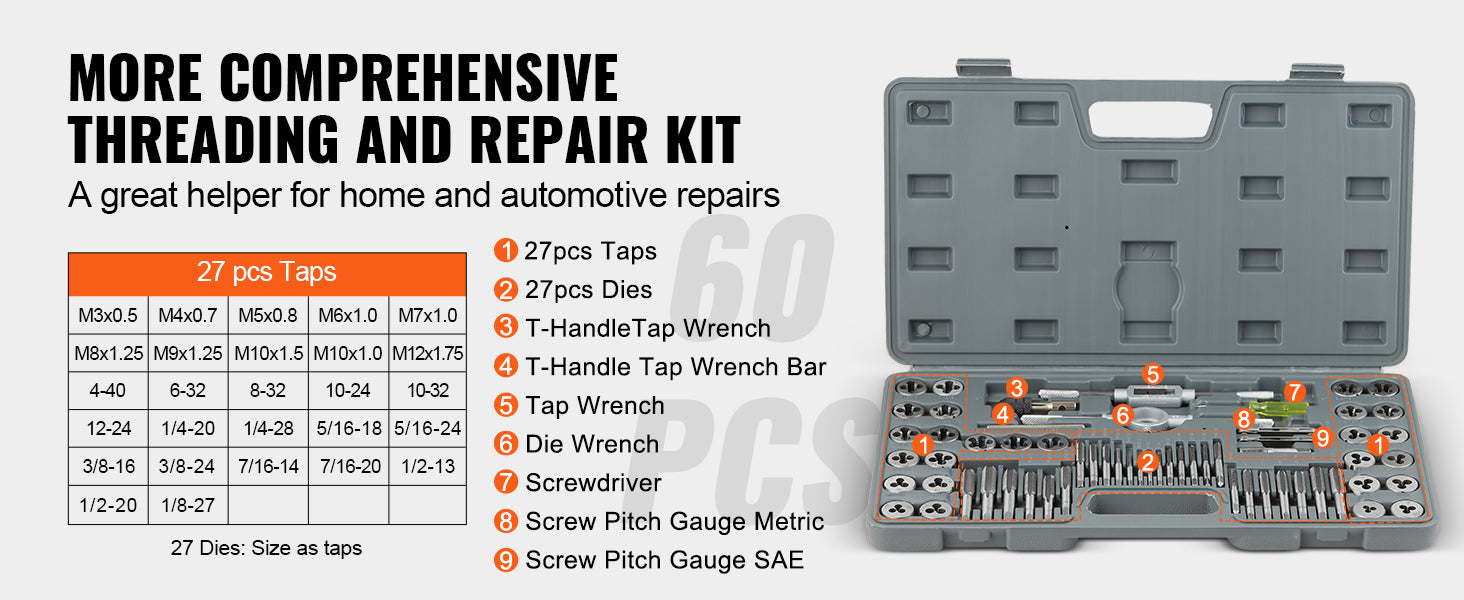 VEVOR Tap and Die Set 40 pz 60 pz 80 pz 110/116 pz metrico o SAE Standard cuscinetto rubinetti e matrici in acciaio strumento essenziale di filettatura