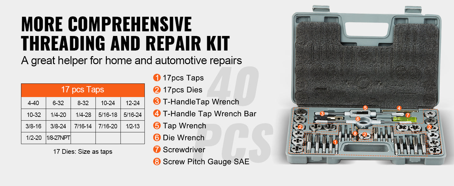 VEVOR Tap and Die Set 40 pz 60 pz 80 pz 110/116 pz metrico o SAE Standard cuscinetto rubinetti e matrici in acciaio strumento essenziale di filettatura