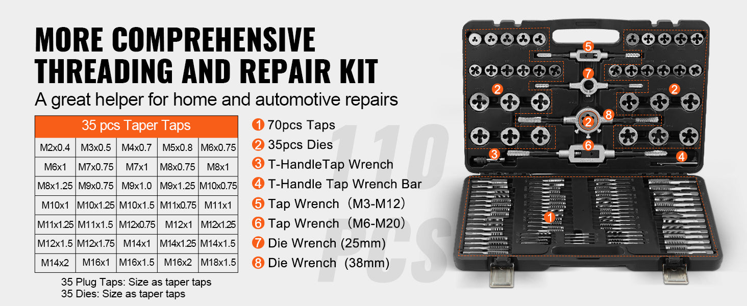 VEVOR Tap and Die Set 40 pz 60 pz 80 pz 110/116 pz metrico o SAE Standard cuscinetto rubinetti e matrici in acciaio strumento essenziale di filettatura